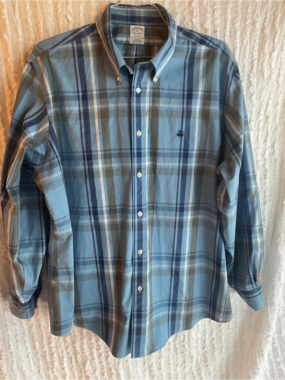 Brooks Brothers Light Blue Plaid Button-up Shirt XXL Pima Cotton LOGO Front